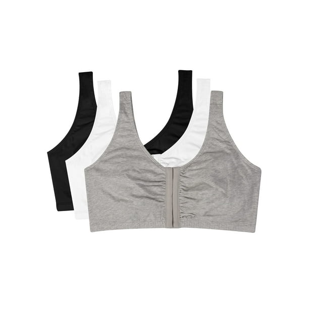 Fruit of the Loom Women's Front Close Builtup Sports Bra,  Black/White/Heather Grey