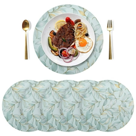 

Round Placemats Plate Mats 15 Inch Non-Slip Heat Resistant Washable PVC Set Table Decoration for Kitchen Dining Mint Green Leaves