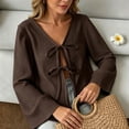 thumbnail image 4 of AKOEE Womens Crop Sweaters Open Tie Front Cardigans Soft Knit V Neck Long Sleeve Casual Spring Fall Blouses (L, Coffee), 4 of 5