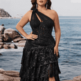 thumbnail image 5 of Plus Size Maxi Formal Dresses for Women Sleeveless Tiered Sequin Dresses Embroidery and High-Slit Semi Sheer One-Shoulder Wedding Guest Dresses for Women A-Line Evening Gown for Party Prom Black, 5 of 6