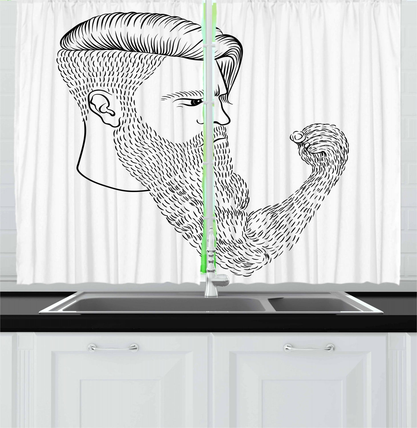 Hipster Curtains 2 Panels Set, Serious Man with Long Beard in the Form