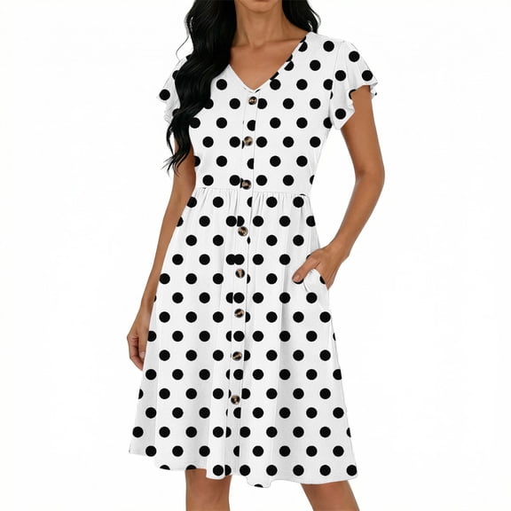 BUIGTTKLOP Summer Dress for Women Ruffle Sleeve Mini Dress Dotted Casual Flowy Buttton down Sundress with Pockets
