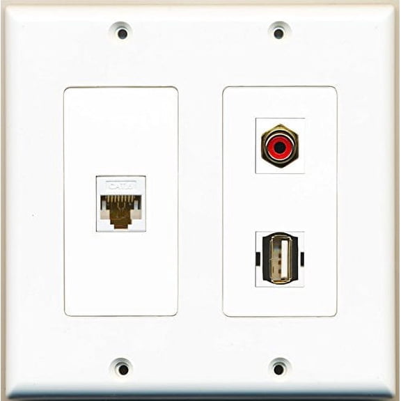 RiteAV - 1 Port RCA Red 1 Port USB A-A 1 Port Cat6 Ethernet White - 2 Gang Wall Plate