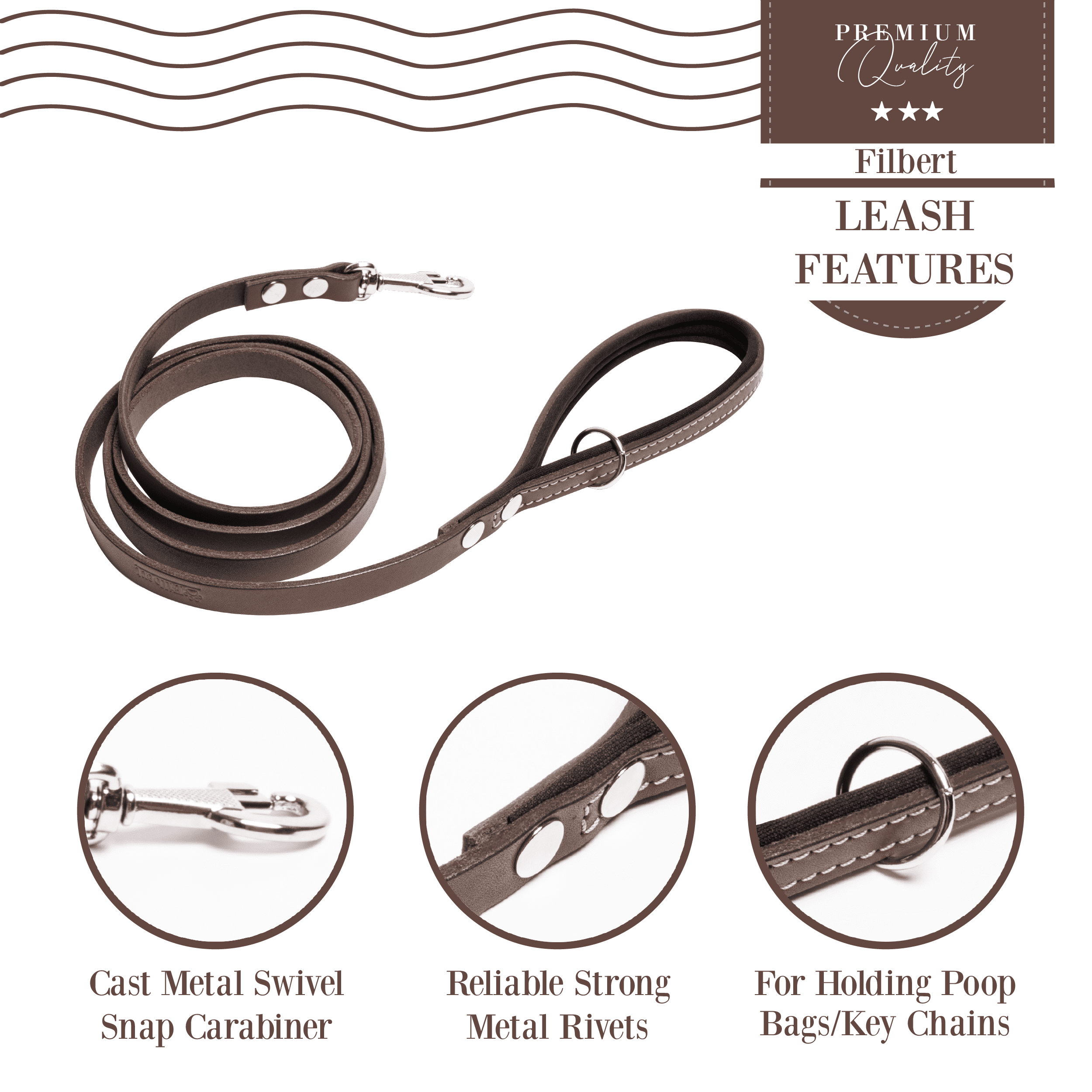 Filbert Genuine Leather Dog Leash, Strong Leather Leash for Small, Medium, Large Breed Dogs, 5.3ft, Soft and Comfortable, Durable, Heavy Duty, Brown