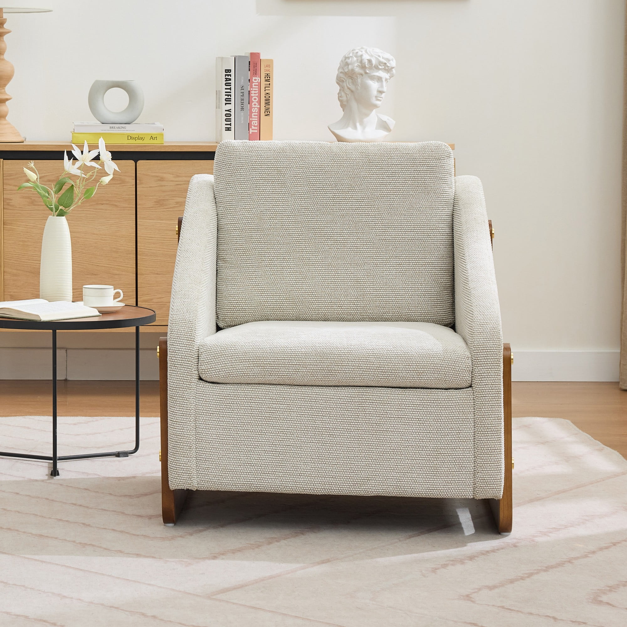 Modern Arm Chair Armchair,Chenille Upholstered Accent Chair with Cushioned Seat and Backrest for Living Room, Bedroom,Beige