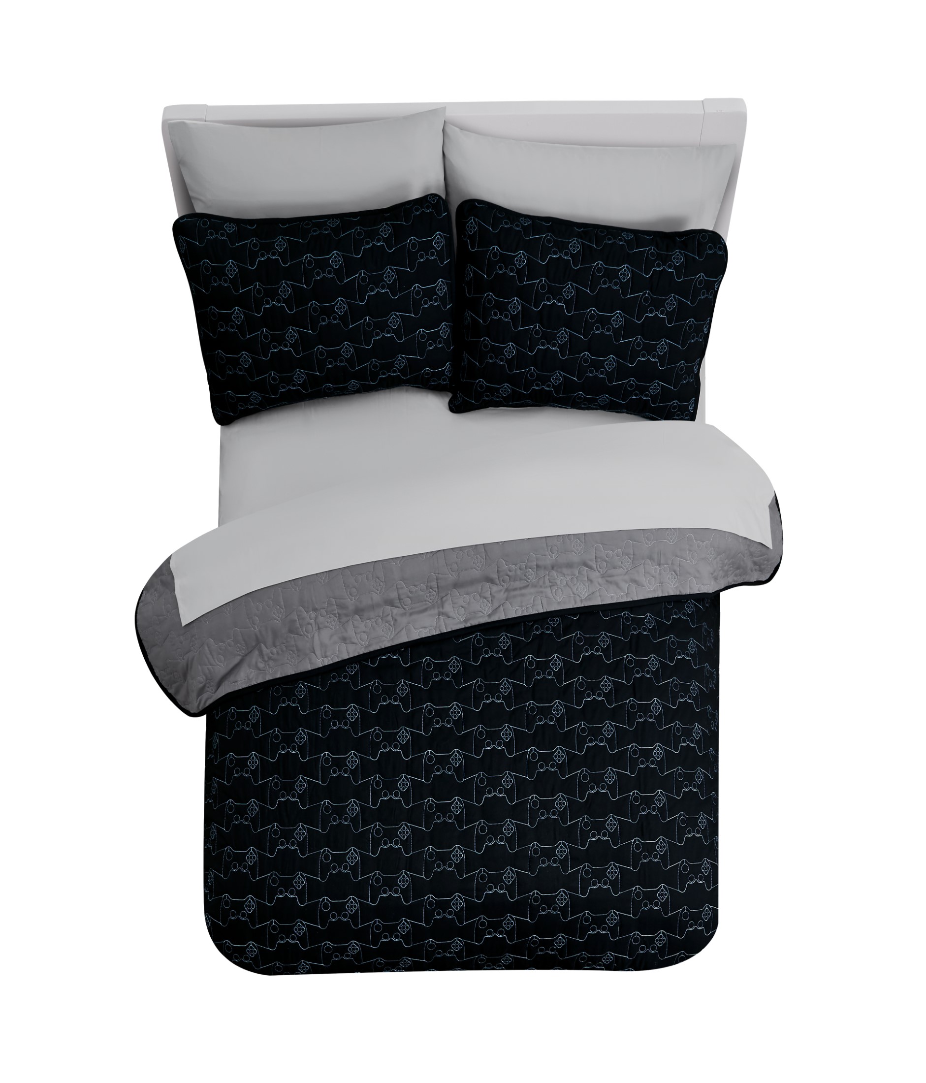 YOUR ZONE KIDS BLACK AND GRAY REVERSIBLE QUILT SET WITH GRAY SHEETS, GAMER, FULL, 7 PIECE, MICROFIBER POLYESTER