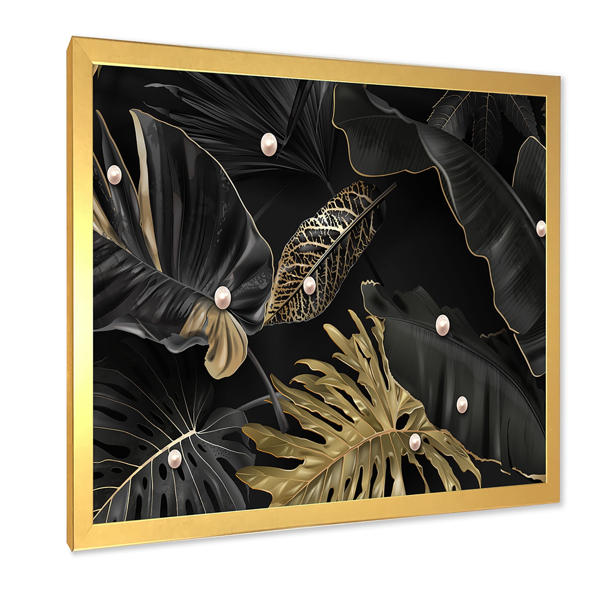 Designart 'Gold and Black Tropical Leaves III' Modern Framed Art Print