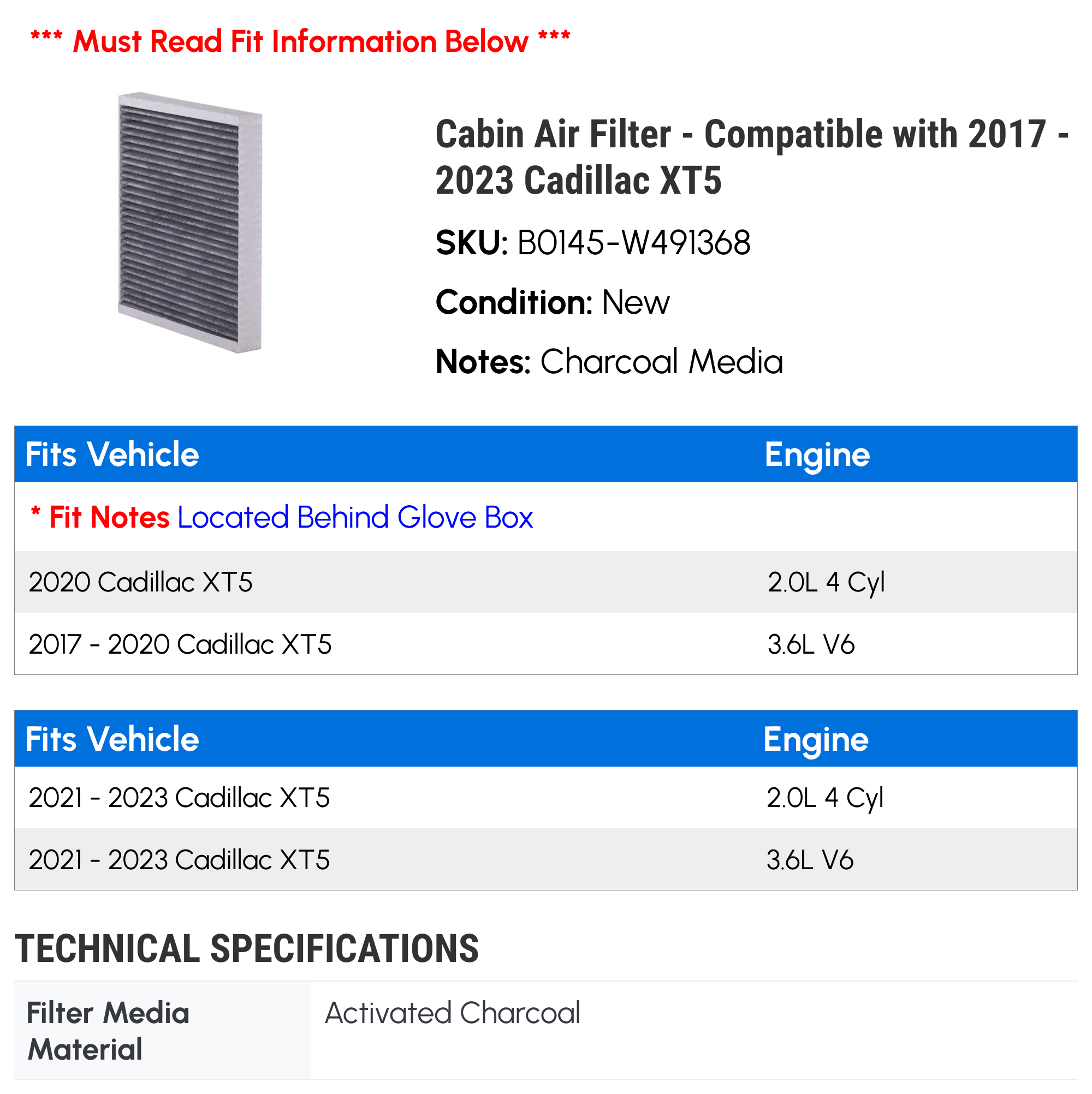 Cabin Air Filter - Compatible with 2017 - 2023 Cadillac XT5 2018 2019 2020 2021 2022