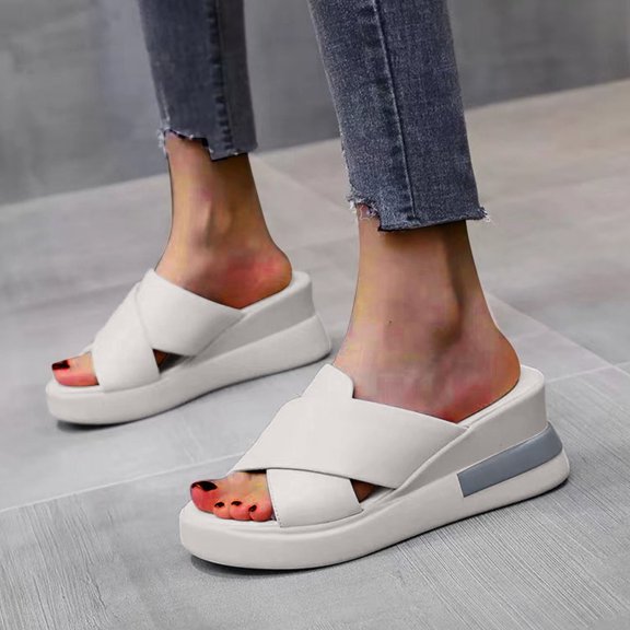 RKSTN Slides Sandals for Women Sporty Platform Sandals Wide Criss Cross Straps Open Toe Slip on Soft Soles Comfortable Sandals for Women