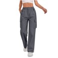 thumbnail image 2 of Cargo Pants for Women with Pockets High Waist Lightweight Stretchy Hiking Casual Streetwear Baggy Wide Leg Pants Dark Gray S, 2 of 5