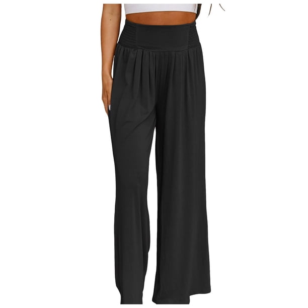 Pantalones boho de mujer con pierna ancha, cintura alta y fruncido - Cintura elástica, ligeros, pantalones informales de playa