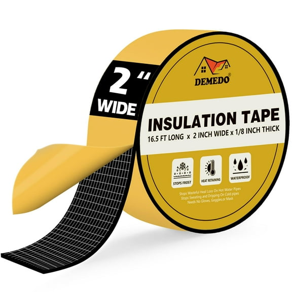 DEMEDO Pipe Insulation Tape, Pipe Wrap Insulation Foam Tape Self Adhesive, Outdoor Water Pipe Insulation Roll for HVAC, AC Line Insulation, 2 inch x 16.5 FT Heat Tape for Water Pipe, Black