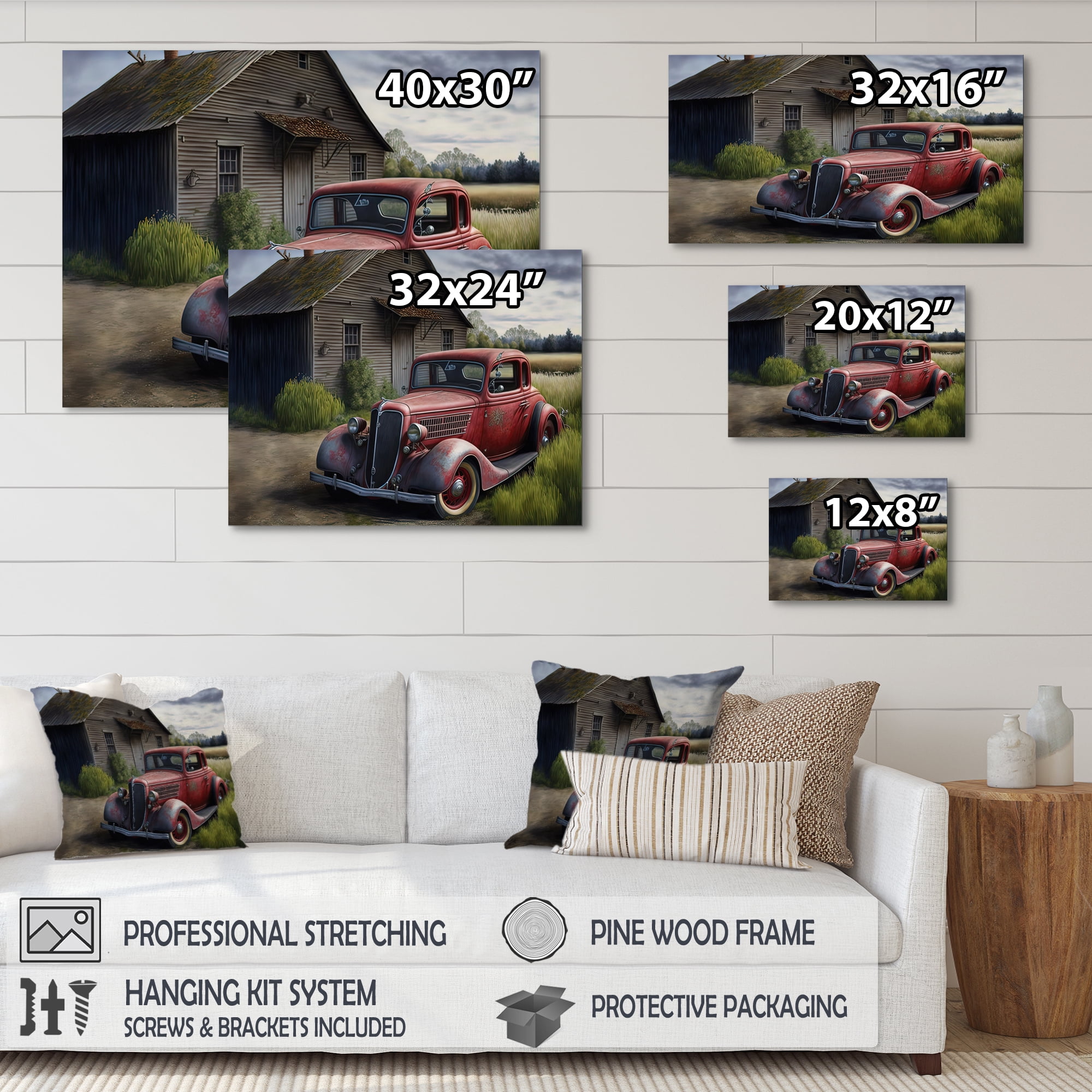 Designart 30S Ford Car In Barn VI Canvas Wall Art