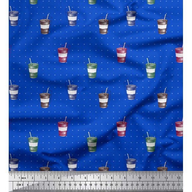 Soimoi Blue Georgette Viscose Fabric Coffee Glass & Dots Print Fabric by Yard 42 Inch Wide
