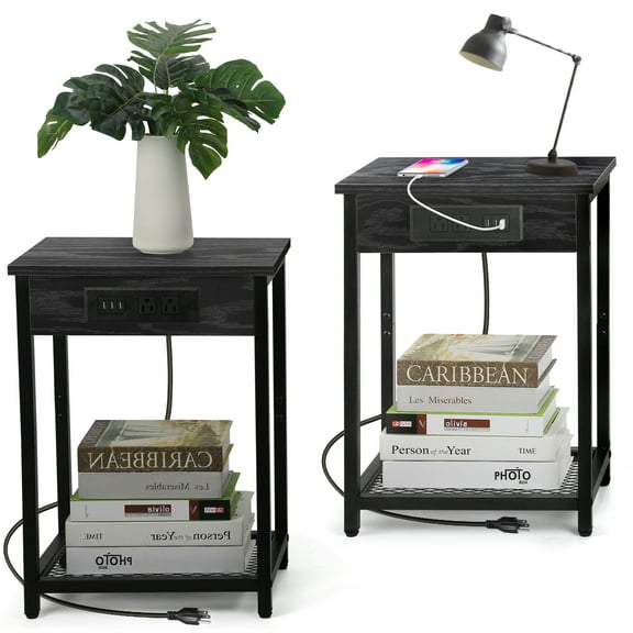2PACK black bedside table 2-piece bedside table with charging station Small end table with USB port and power socket