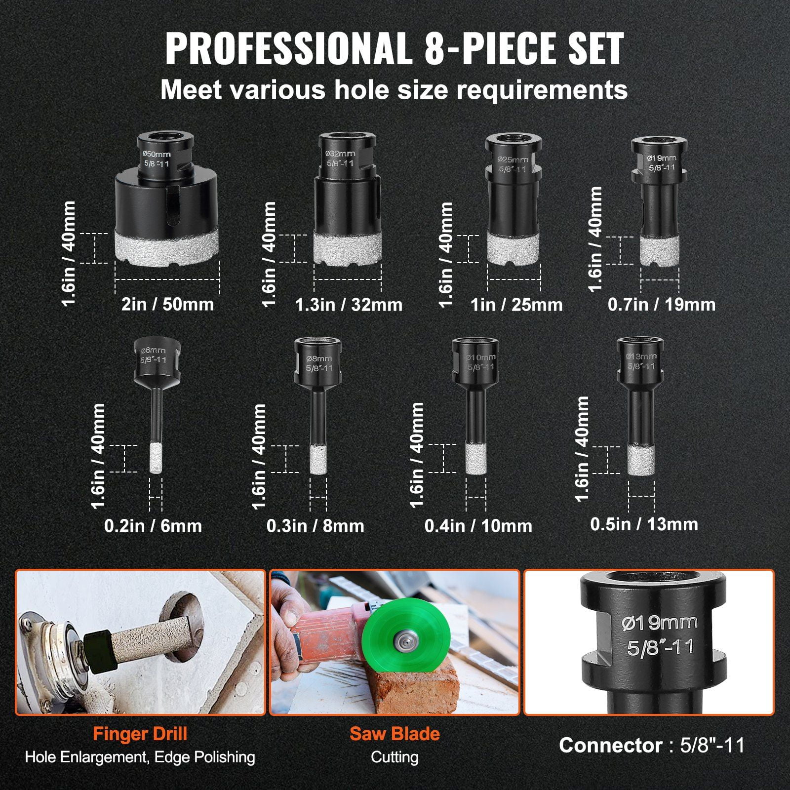 Diamond Core Drill Bit Set, Diamond Drill Bits for Ceramic Tile,8 PCS 6/8/10/13/19/25/32/50mm Diamond Hole Saw Kit, with Finger Milling Bit Saw Blade and Storage Case, for Dry and Wet,