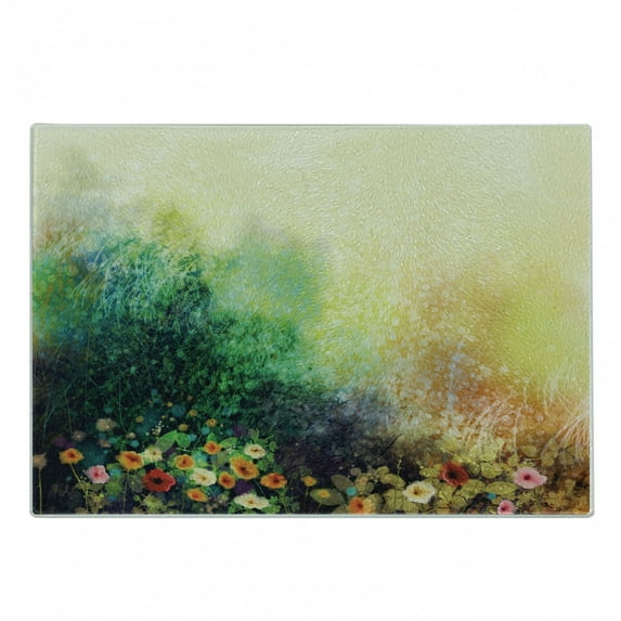 Flower Cutting Board, Vibrant Colored Flower Bed on Valley in Fall Season with Shady Faded Murky Print, Decorative Tempered Glass Cutting and Serving Board, Small Size, Green Mustard, by Ambesonne