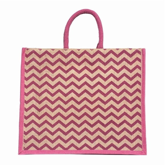 ATOTE Pink Chevron Jute Tote Bag, 14x16x5 Inch Reusable Zigzag Grocery Shopping Bag with Padded Handles & Zipper, Set of 1 Pcs