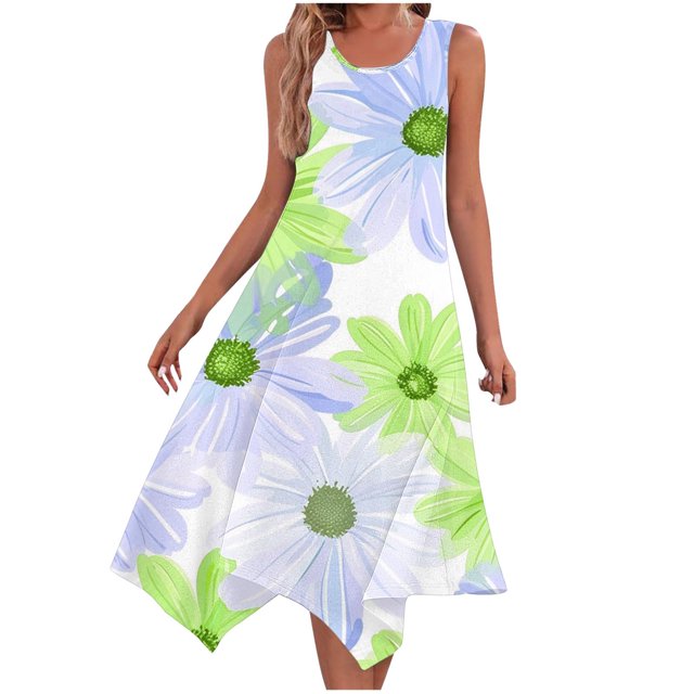 Ladies Summer Tops Impreso sin Mangas Cuello Redondo Vestido Casual para Uso Diario Y Casual