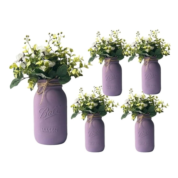 Set of 5 Painted Mason Jars – Mason Jar with Greenery & Flowers – Baby Shower Centerpiece for Girl, 10" First Birthday, Nursery Decor (5 w/Greenery/)
