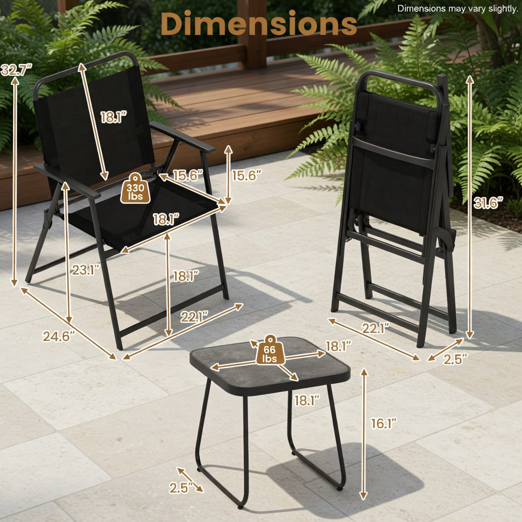 Hommoo 3-Piece Outdoor Folding Patio Set, 2 Folding Chairs + 18" Square Coffee Table, Heavy-Duty Metal Frame, Breathable Fabric, Compact Storage, Black