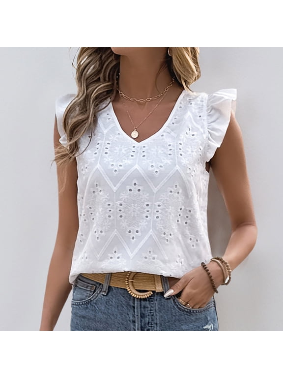 Womens Eyelet Flutter Sleeve V-Neck Regular Fit Tee, Machine Washable