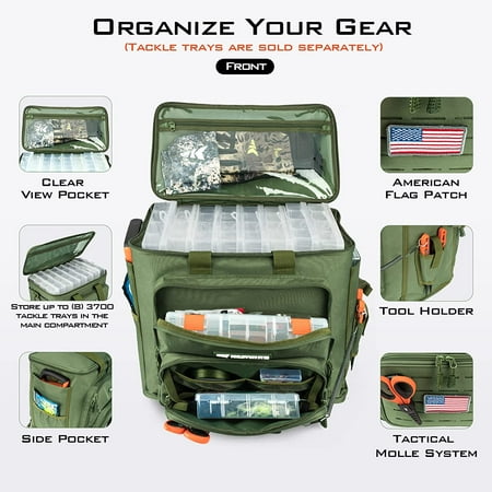 Large Green Fishing Tackle Bag with 42L Capacity and Water Resistant 600D Oxford Material for Saltwater and Freshwater