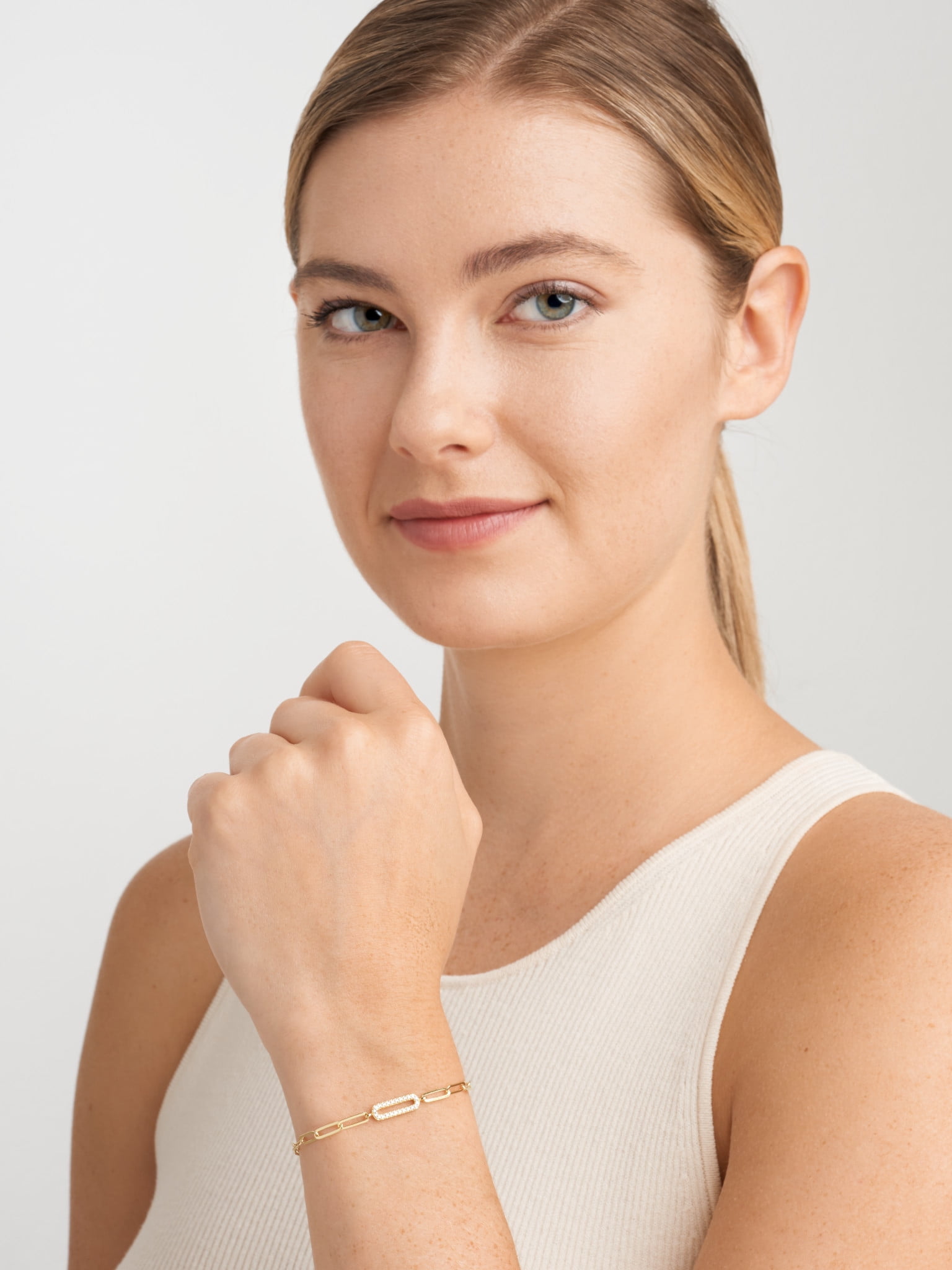 Forever Facets CZ Oval Link Paperclip Bracelet in 18K Gold over Sterling Silver, 6.75" + 1.25" Extension