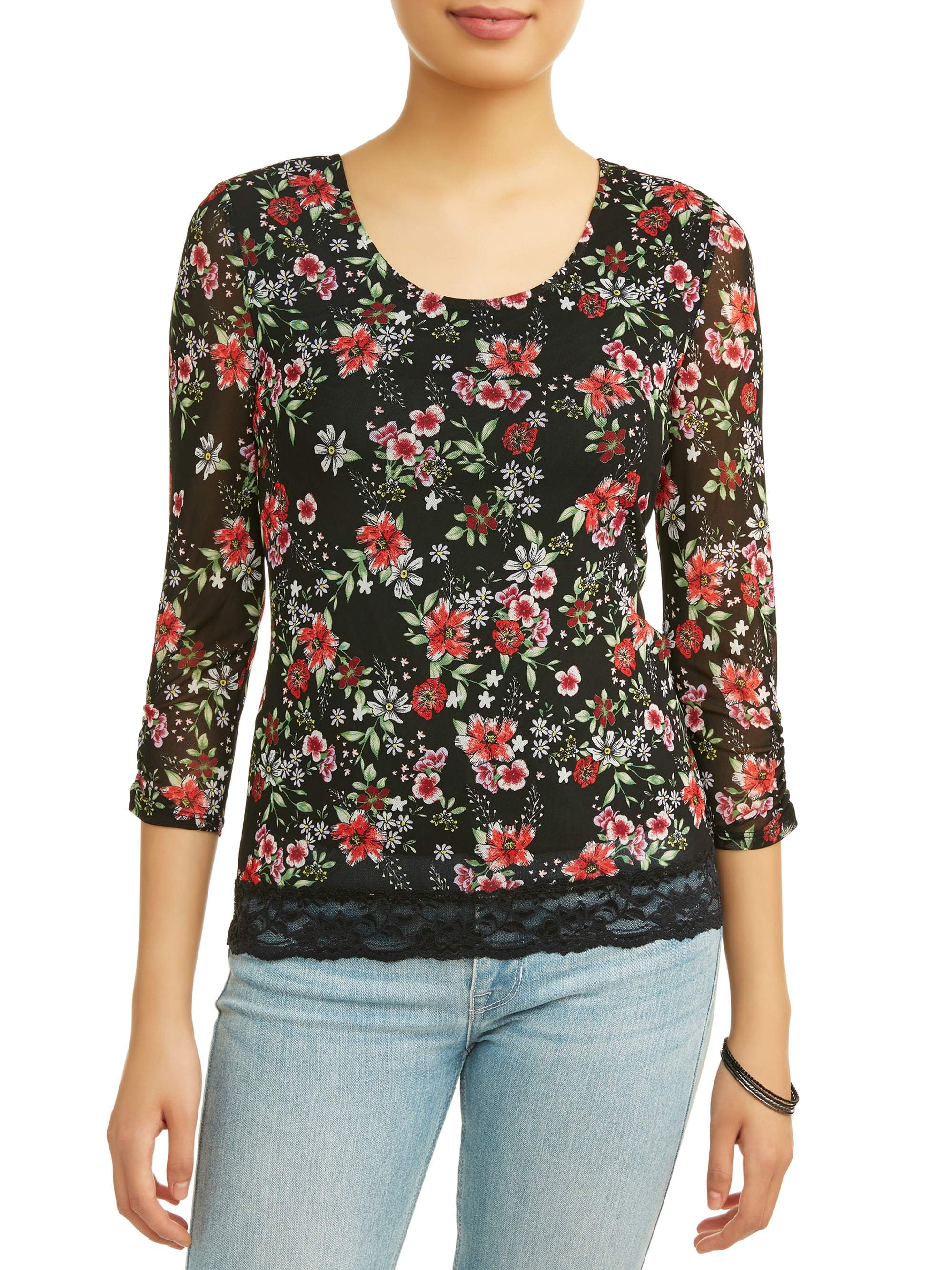 No Boundaries No Boundaries Juniors' floral printed lace trim caged back long sleeve tshirt