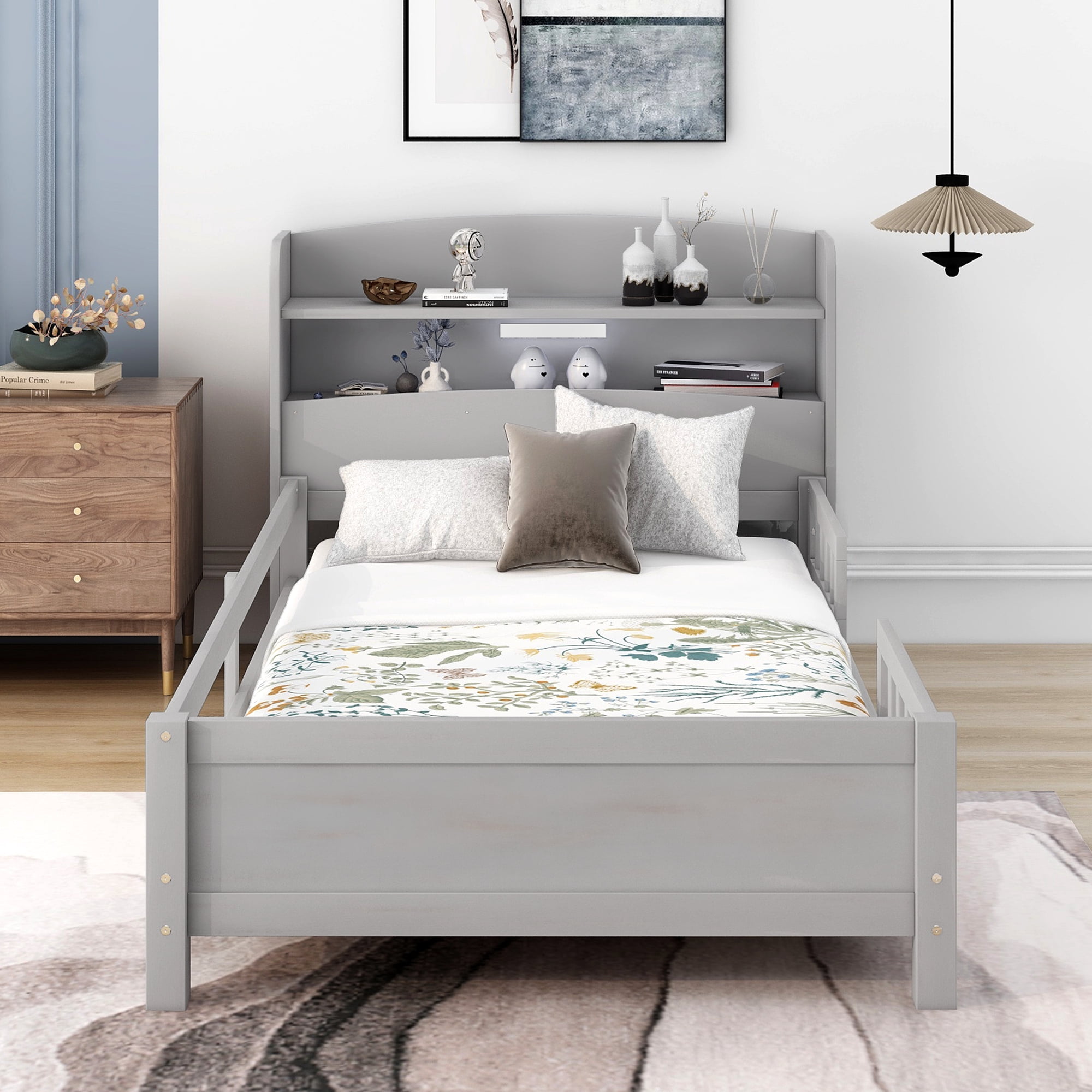 Euroco Wood Twin Size Platform Bed with Storage Headboard and LED Light, Antique Gray