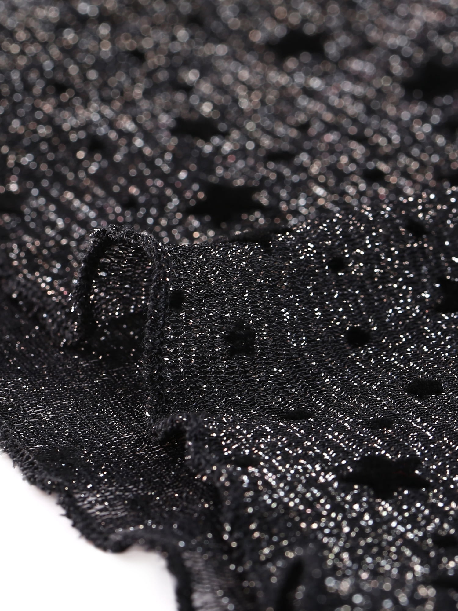 Unique Bargains Women's Twist Neckline Glitter Knit Long Sleeve Sheer Mesh Top Black M
