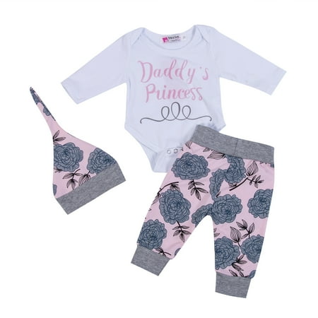 

Newborn Baby Girls Long Sleeve Letter Print T-Shirt Romper Tops Floral Pants Caps Casual Outfits