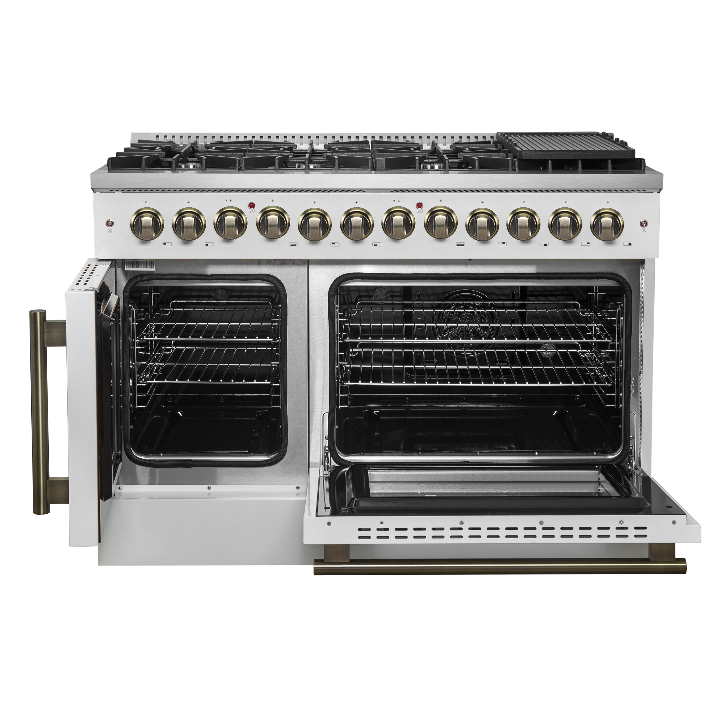 Forno Galiano 48-inch French Door Dual Fuel Range, White  Antique Brass Design, 8 Sealed Burners - 107,000 BTU, Griddle, 6.58 cu.ft. Double Ovens