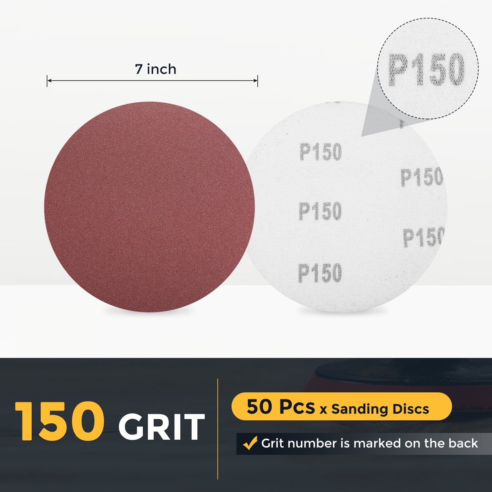 50 Pcs 7 Inch Sanding Disc 150 Grit Hook and Loop Sandpaper Random Orbital Sander Pads for Woodworking Automotive