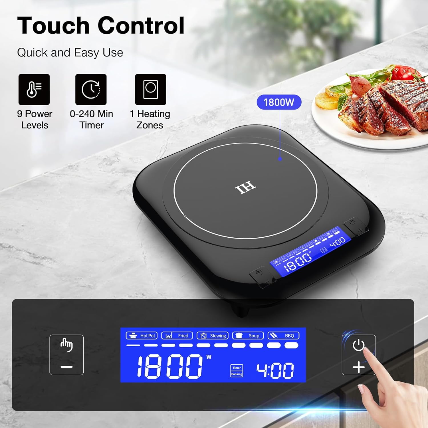 Single Induction Cooktop 1800W Electric with LCD Touch Control, 9 Temp Levels & Timer for Kitchen Dorm RV