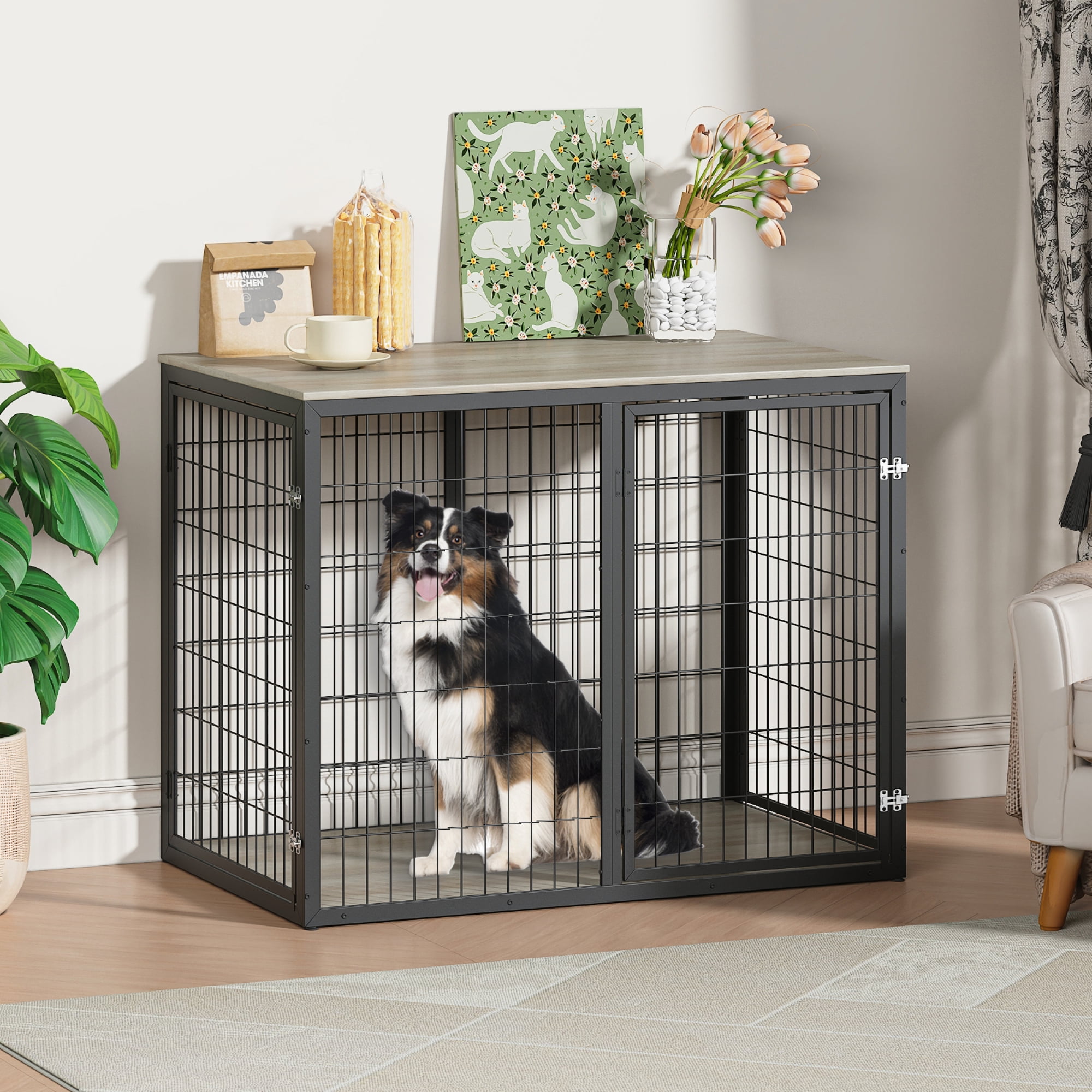 Jopath 47" Dog Crate Dog Cage Furniture with 3 Doors for Large Medium Dogs Grey