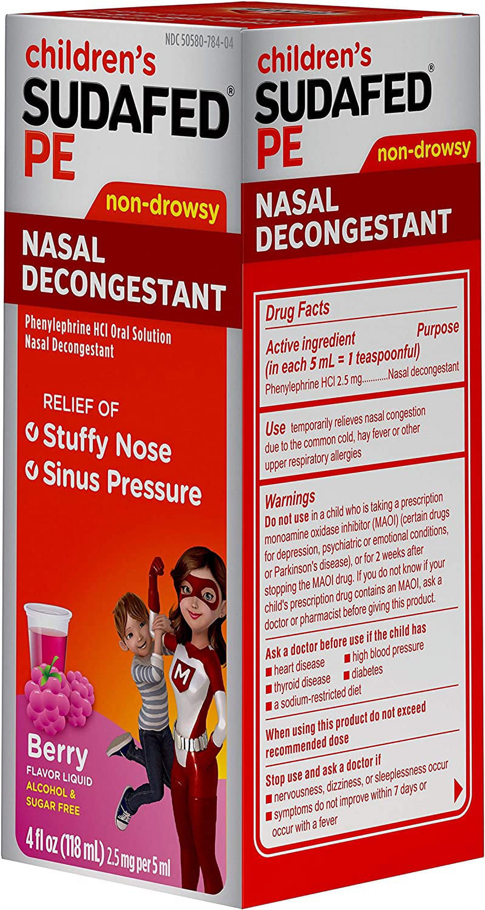 Childrens Sudafed PE Nasal Decongestant, Raspberry Flavored, 4 Oz, 3 Pack