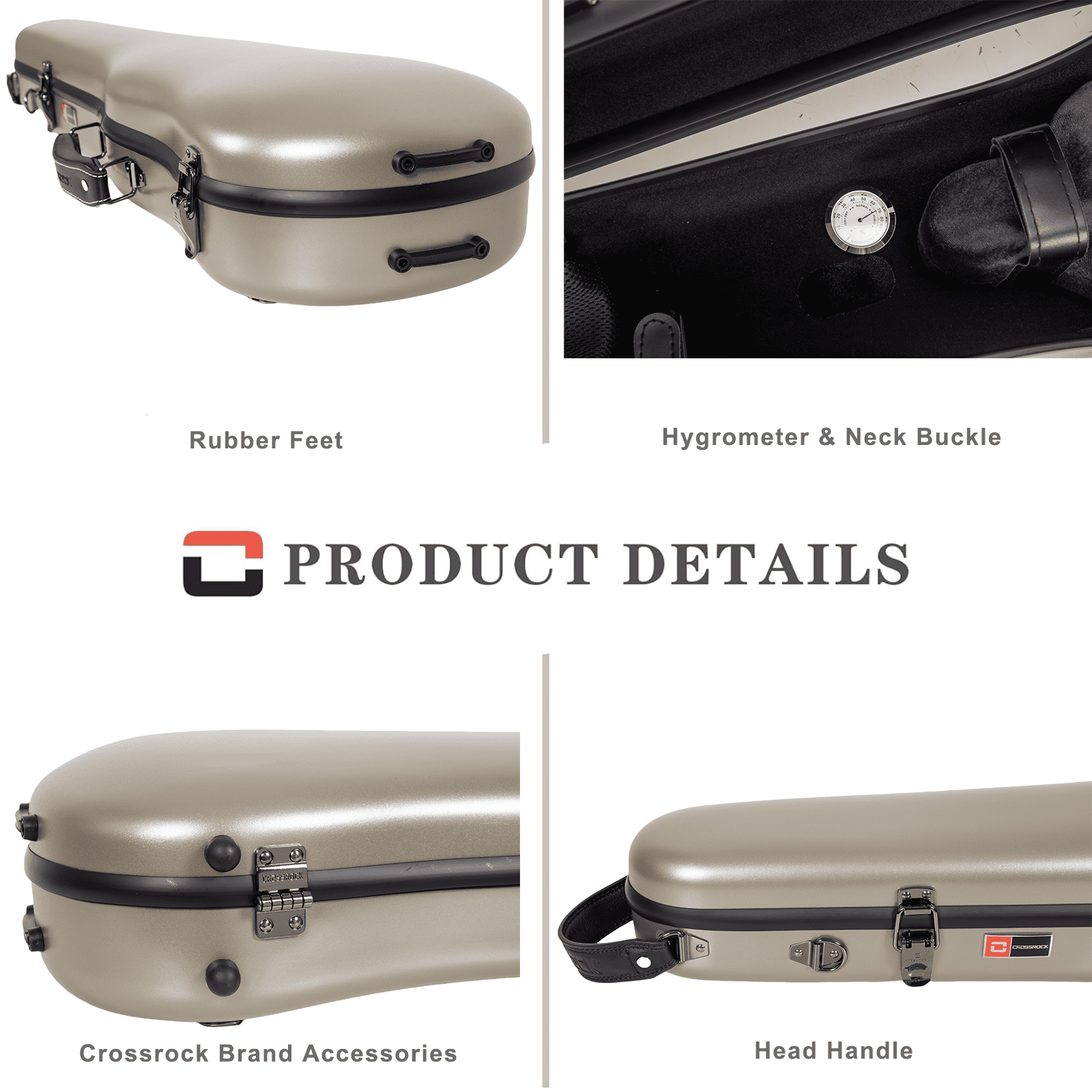 Crossrock Poly Carbon Shaped Case fits 4/4 Full-Size Violin, Includes Protective Blanket, Hygrometer, Accessory Pocket, Detachable Straps -Champagne