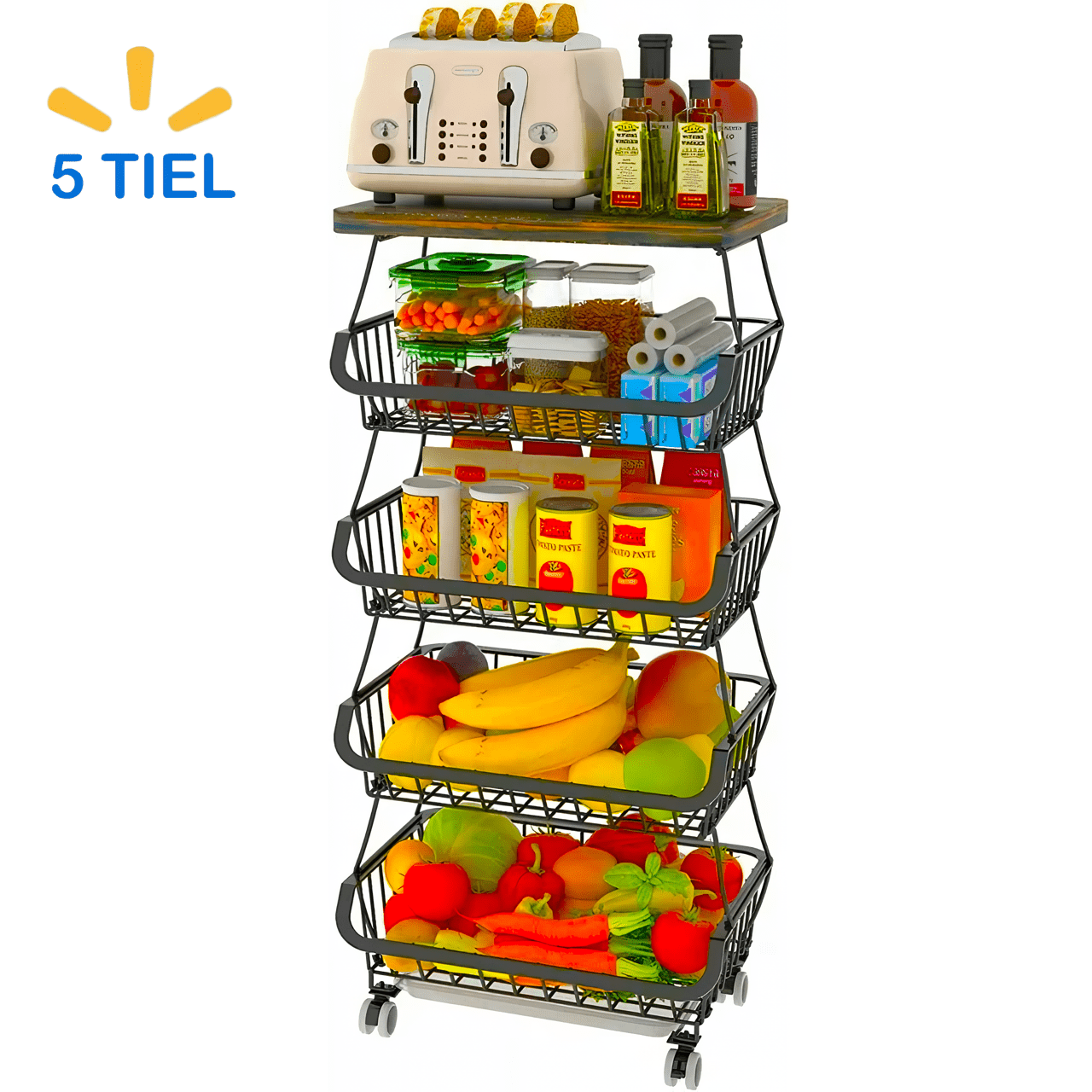 WERSEON 5 Tier Fruit Basket for Kitchen Organizers and Storage, Stackable Metal Wire Basket Stand Cart with Wheels for Fruit Vegetable