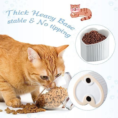 2 Pcs Ceramic Elevated Cat Bowls Tilted Elevated Raised Pet Bowls Anti Vomit Cat Dish for Indoor Stress Free Water Dish Feeder for Puppies, Heart Shaped(Pearly White)