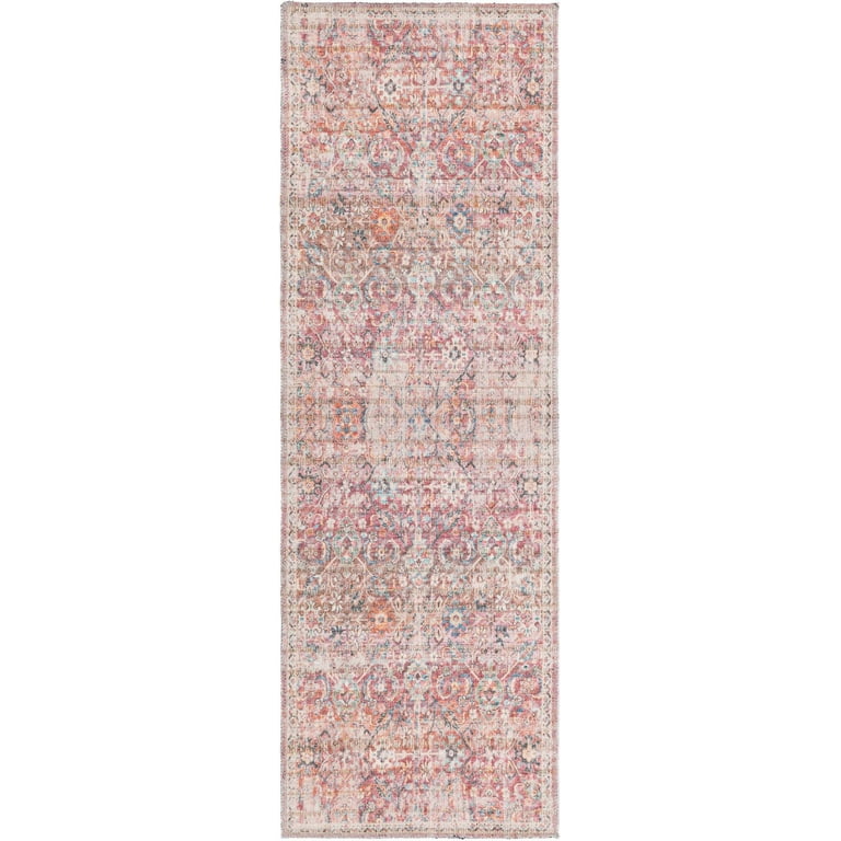 Unique Loom Gossamer Nostalgia Rug Ivory and Pink/Beige 2' x 6' 1 Runner  Machine Washable Textured Floral / Botanical Transitional Flatweave Perfect  For Bathroom Hallway Mud Room Laundry Room 