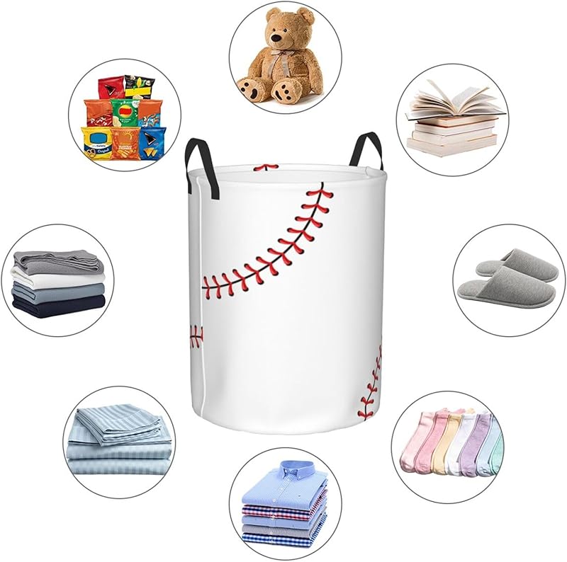 Baseball Texture Laundry Hamper Bag With Waterproof Liner - Round Laundry Basket Foldable Clothes Storage Organizer For Bathroom Bedroom Nursery Dorm