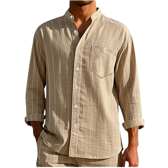 ZCFZJW Men's Casual Button-Down Striped Shirts Regular Fit Long Sleeve Cotton Linen Shirts for Men Fashion Business Shirt with Pockets Khaki XL