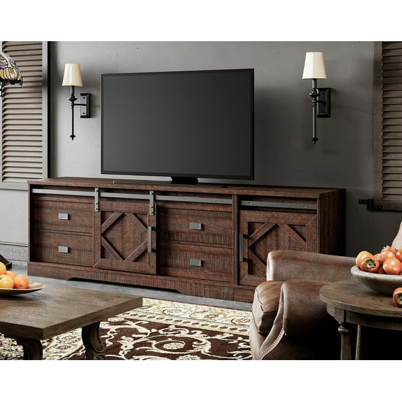 WAMPAT Modern Farmhouse TV Stand for up to 85" TVs Wood Entertainment Center with Drawers and Adjustable Shelf for Living Room, Rustic Brown