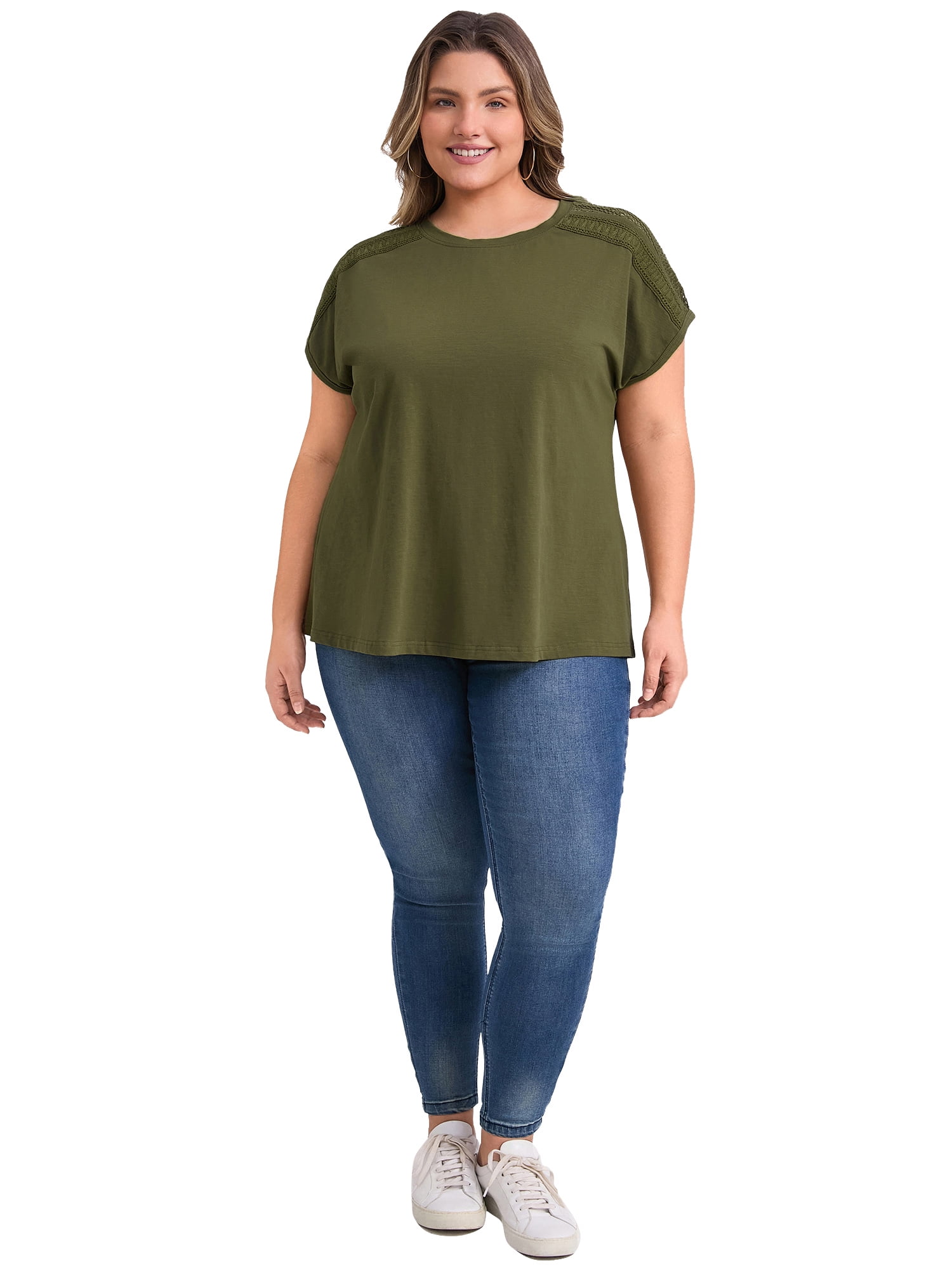 DARING DIVA Women's Plus Short Sleeve Lace Trim Blouse 4X Army Green