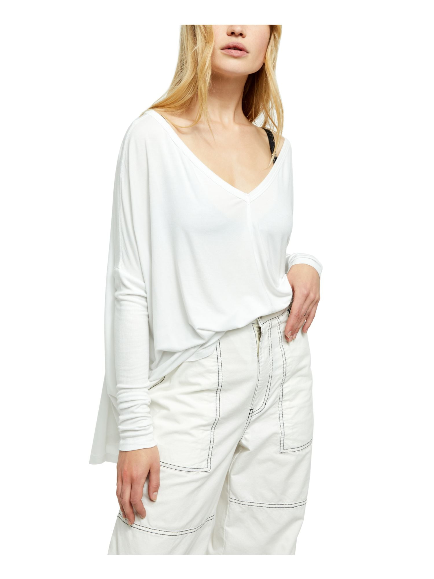 Womens White Long Sleeve V Neck Hi-Lo 