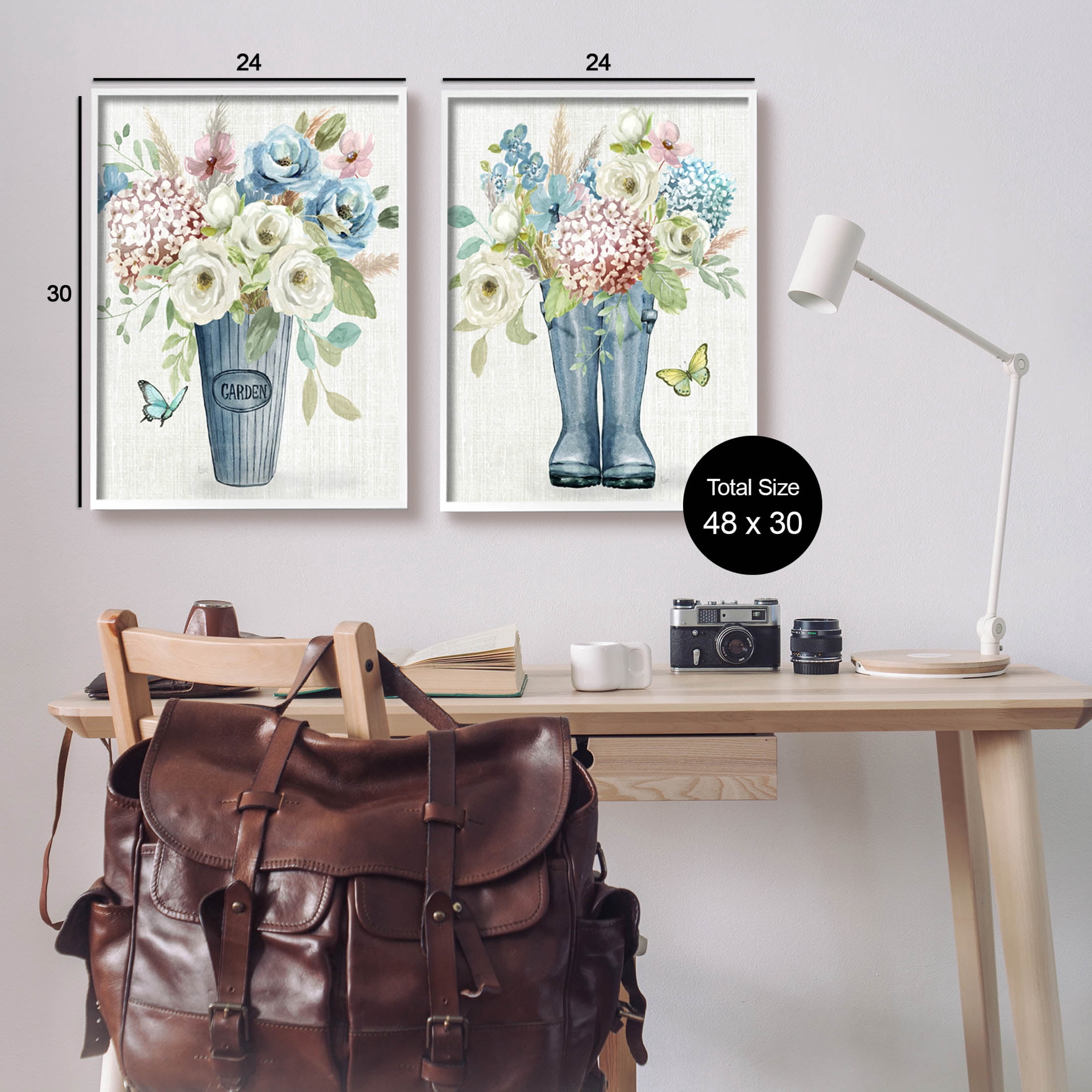 Country Garden Bouquets Rain Boots Botanical & Floral Graphic Art White Framed Art Print Wall Art, Set of 2