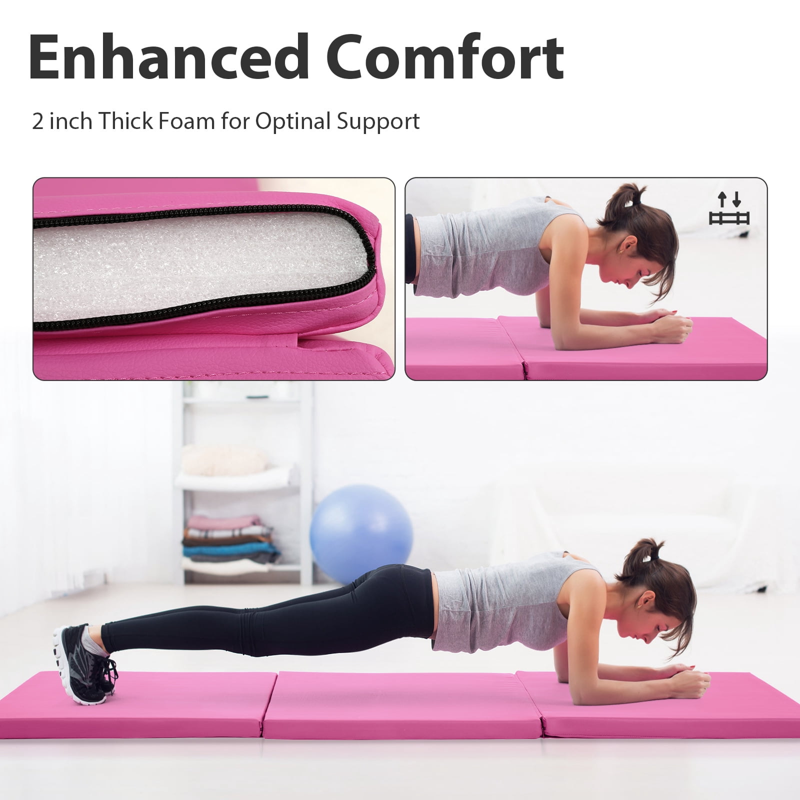 CL.HPAHKL Folding Gymnastics Mat 2'x6'x2'' Portable Lightweight Tumbling Mat for Kids Adults Yoga Home Gym Fitness, Pink
