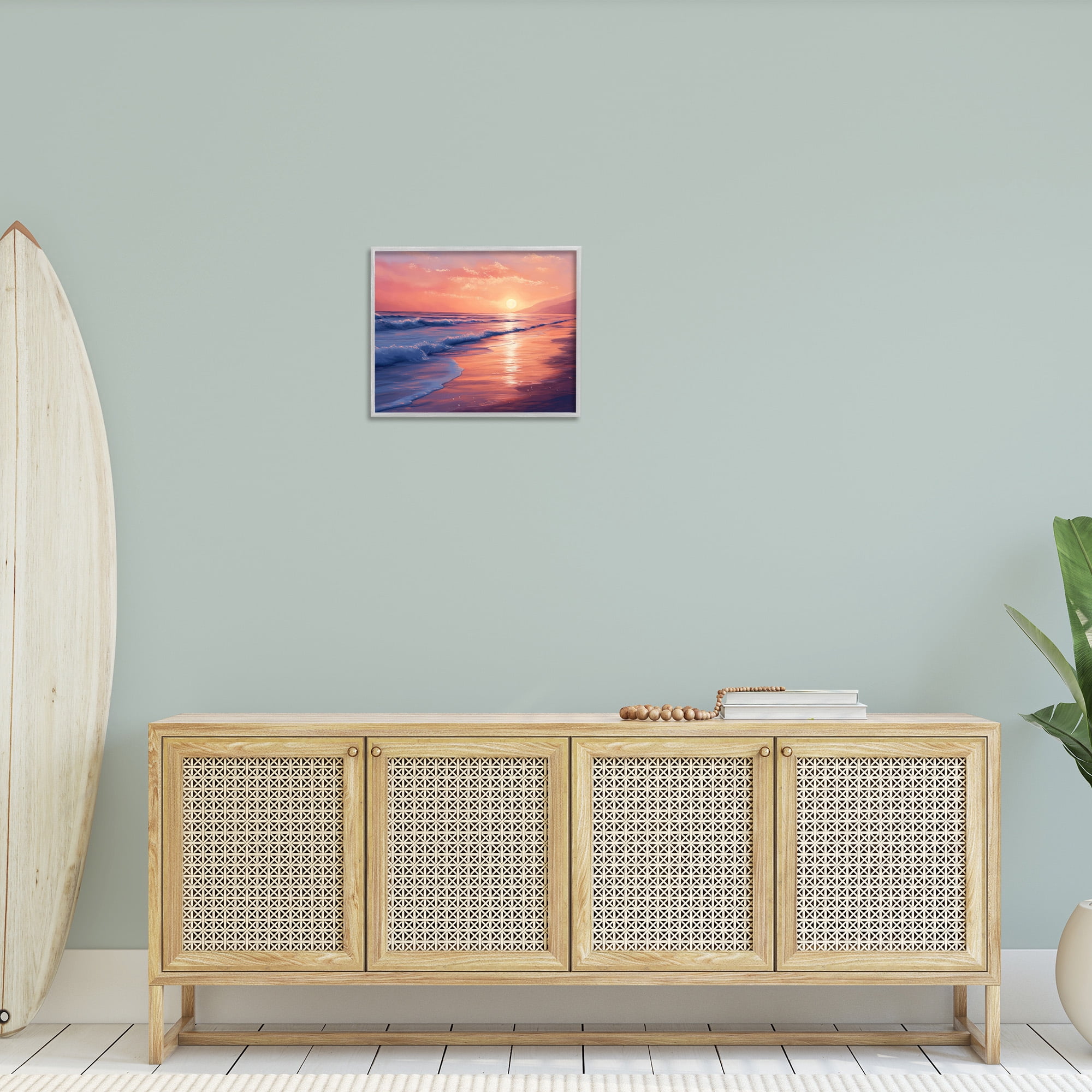 Stupell Industries Sunset over Beach Waves Landscape Photography Gray Framed Art Print Wall Art, 20 x 16