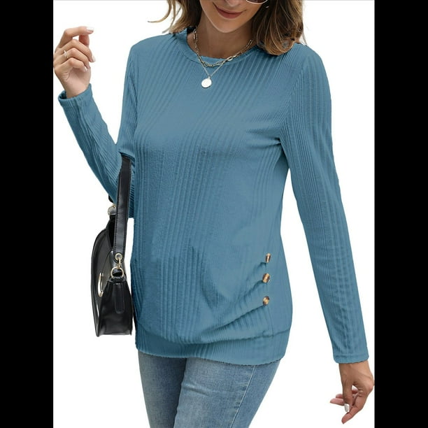 Camisas de Larga para Mujer, Túnicas, Blusas Holgadas, Elegantes, Cuello Redondo, Suéteres Básicos. Azul XL